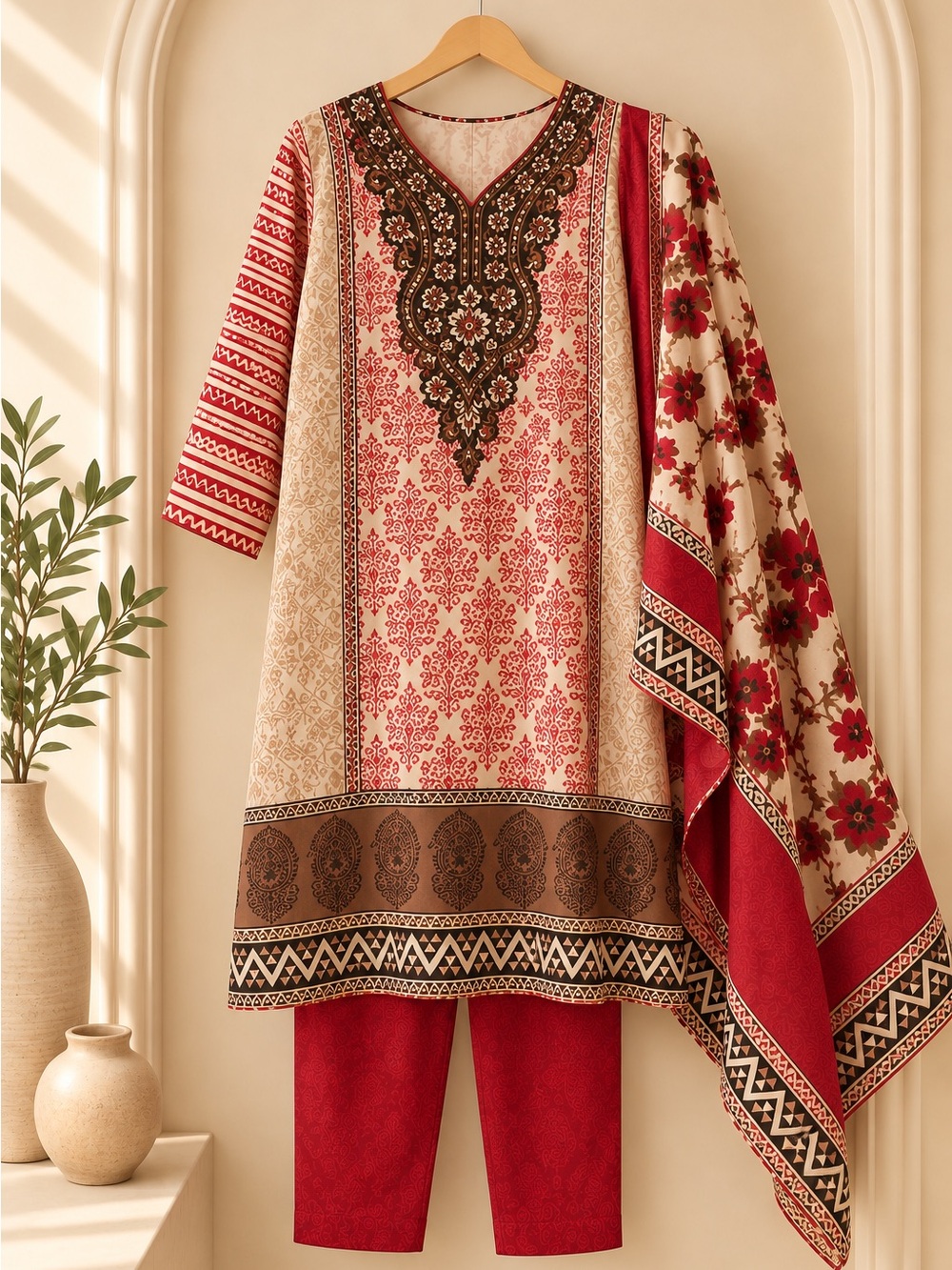Pakistani 3 Piece Printed Salwar Kameez Suit Red Cream